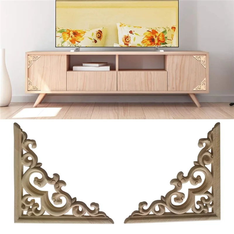 4PCS Unpainted Wooden Mouldings Decal European Wood Appliques for Furniture Cabinet Flower Wood Carving Decorative 12Cm
