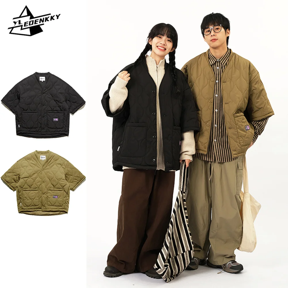 Jaqueta cargo larga larga para homens e mulheres, parka japonesa de meia manga vintage, grade de cabaça acolchoada, casaco de algodão quente, tops para casal, inverno