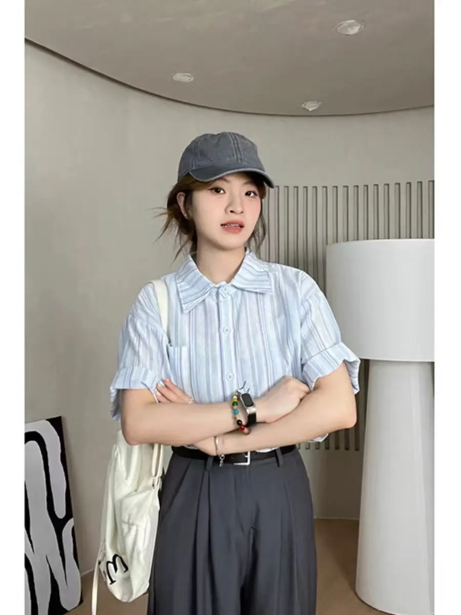 Age-reducing Versatile Striped Short-sleeved Shirt Korean Women's Casual Loose Lapel Top Trendy