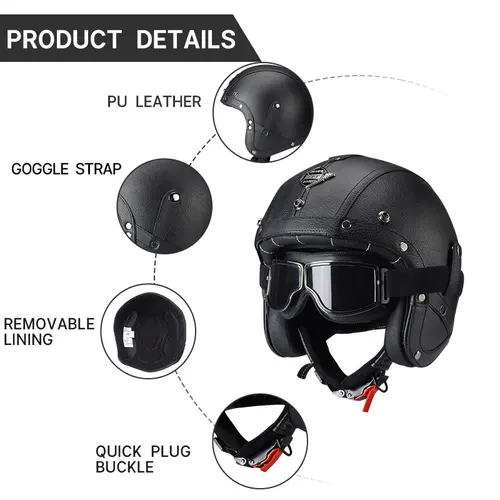 Imagen 2 del producto Casco De motocicleta De cuero Vintage aprobado por DOT Retro cara abierta Chopper Casque Capacete Moto De Moto Masculino Casco Moto