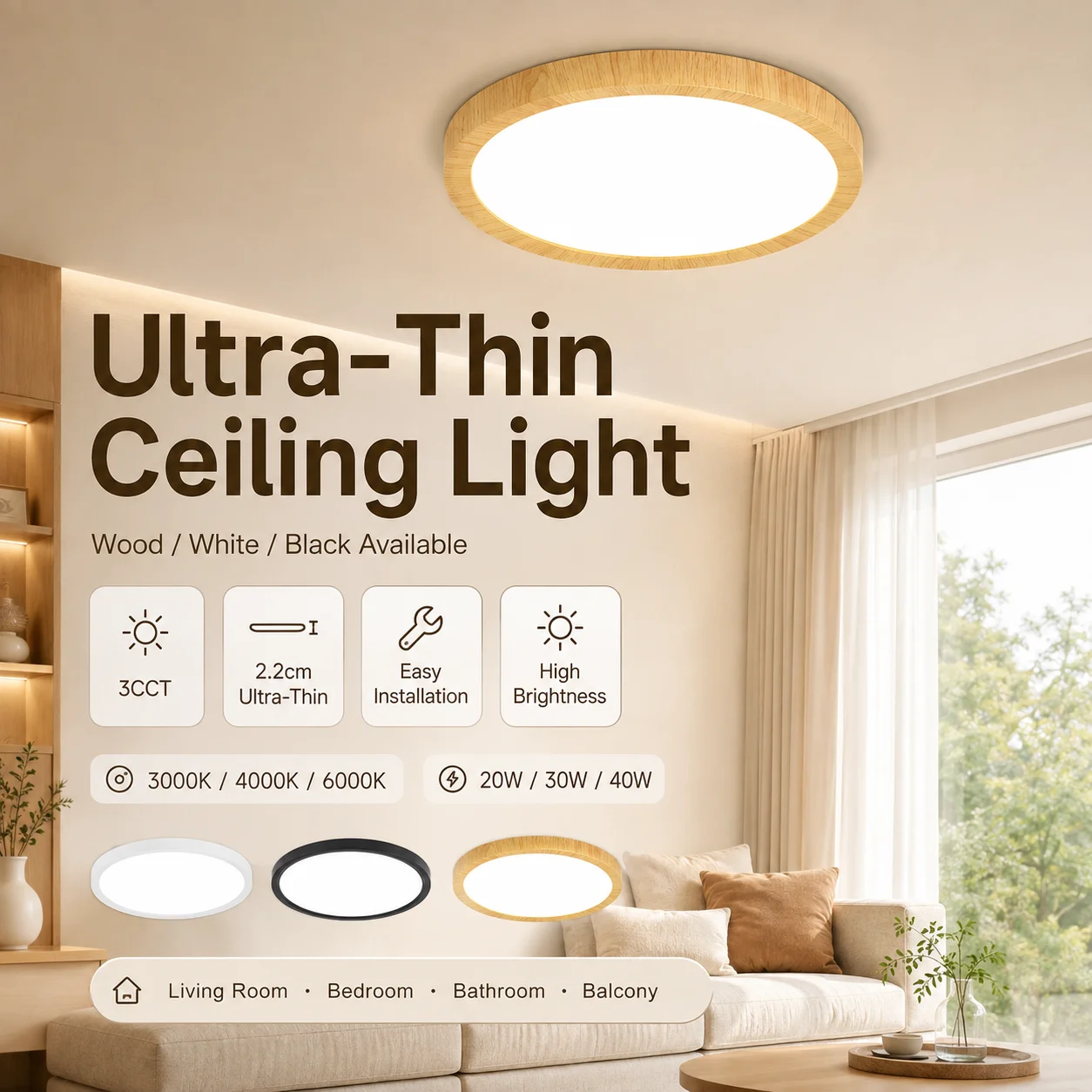 Modern Wood Grain Ceiling Light 3-Color Ultra-thin Chandelier Kitchen Light for Living Room Bathroom Balcony Ceiling Lamp 220V