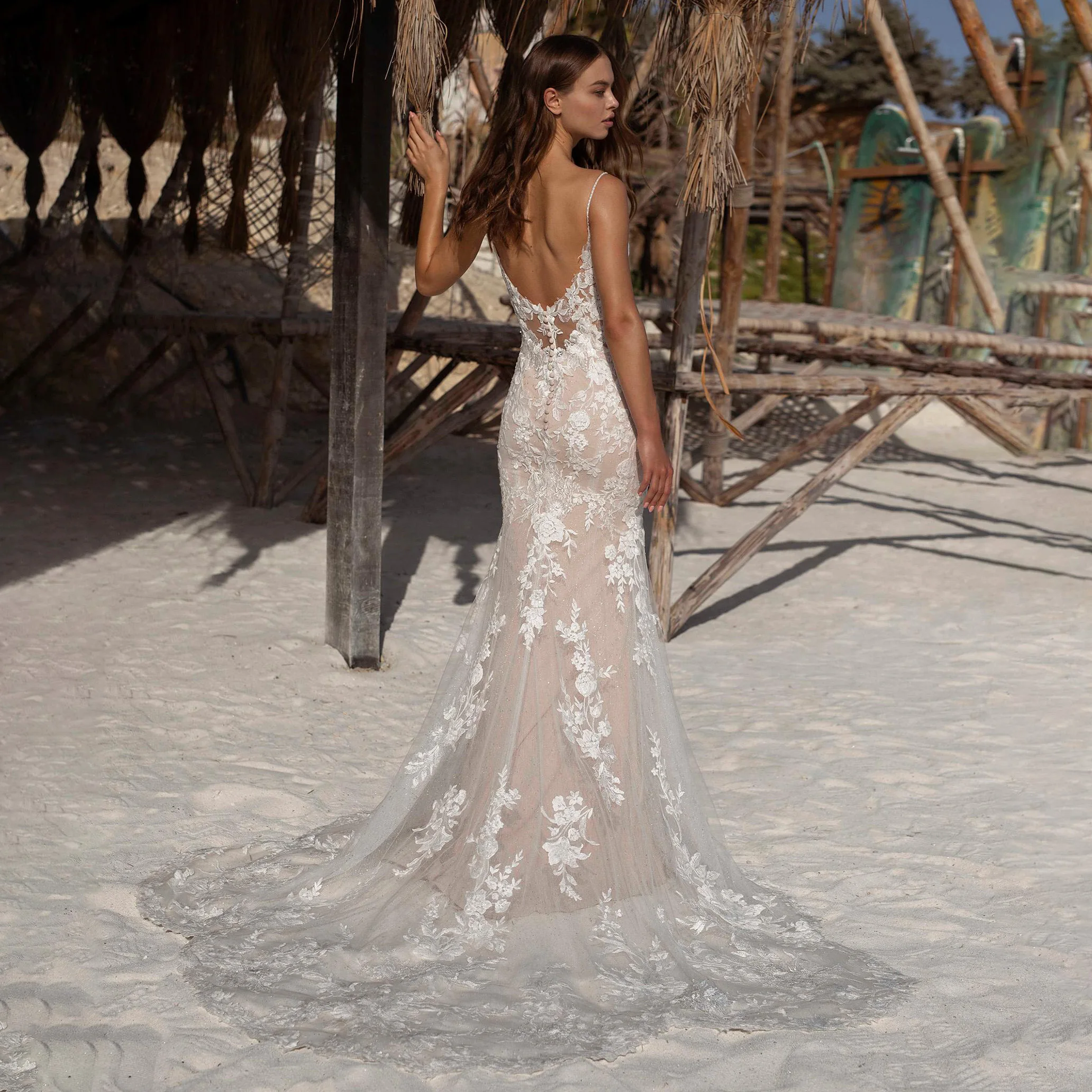 Pretty Mermaid/Trumpet Wedding Dress Customized V-Neck Bridal Gown Lace Applique Dresses Beautiful Sleeveless Vestido De Novia
