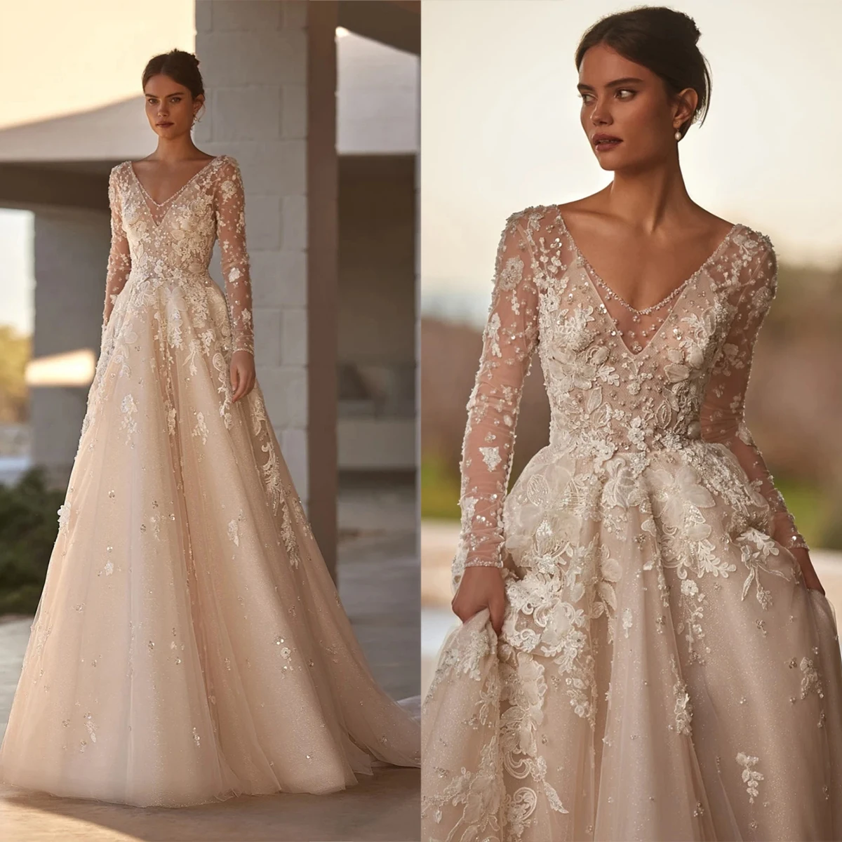 Exquisitos vestidos de novia de línea A, vestidos de novia con cuello en V, apliques de encaje, mangas largas, hechos A medida vestidos de novia, vestidos de tren de barrido sin espalda