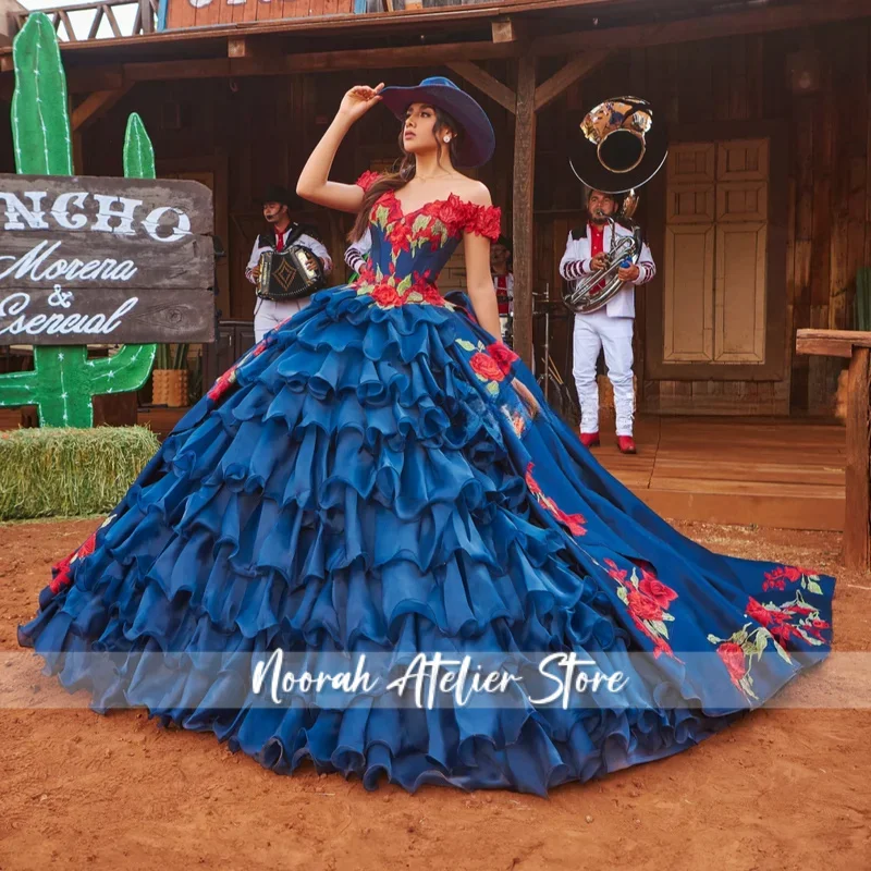 Royal Blue Charro Quinceanera Dresses Ball Gown Off The Shoulder Appliques Mexican Sweet 16 Dresses 15 Anos Customized