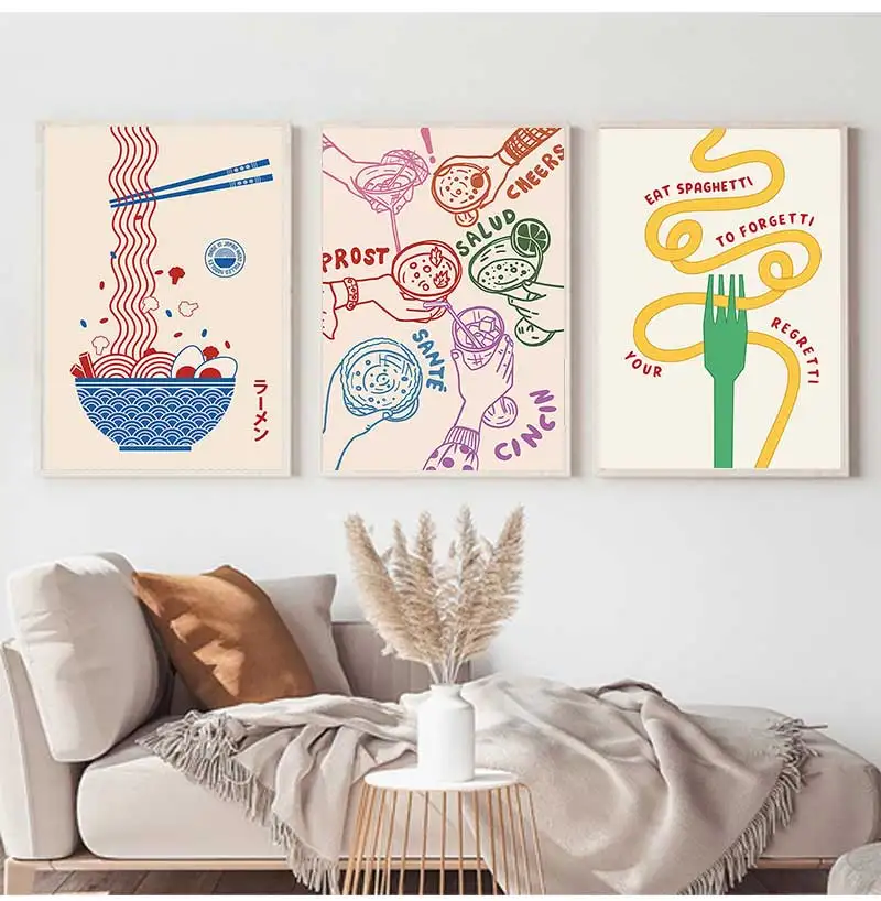 Japanese Ramen Pasta Oranges Lemon Wine Cheers Poster  Canvas Painting Print Wall Art Picture for Living Room Kitchen Home Decor
