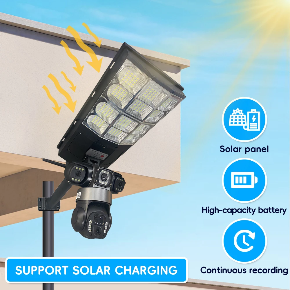 Wifi Outdoor Solar Camera Street Lights 16000mAh Battery 3 Light Modes Motion Detection Sensor Remote Control Three Lens IP Cam