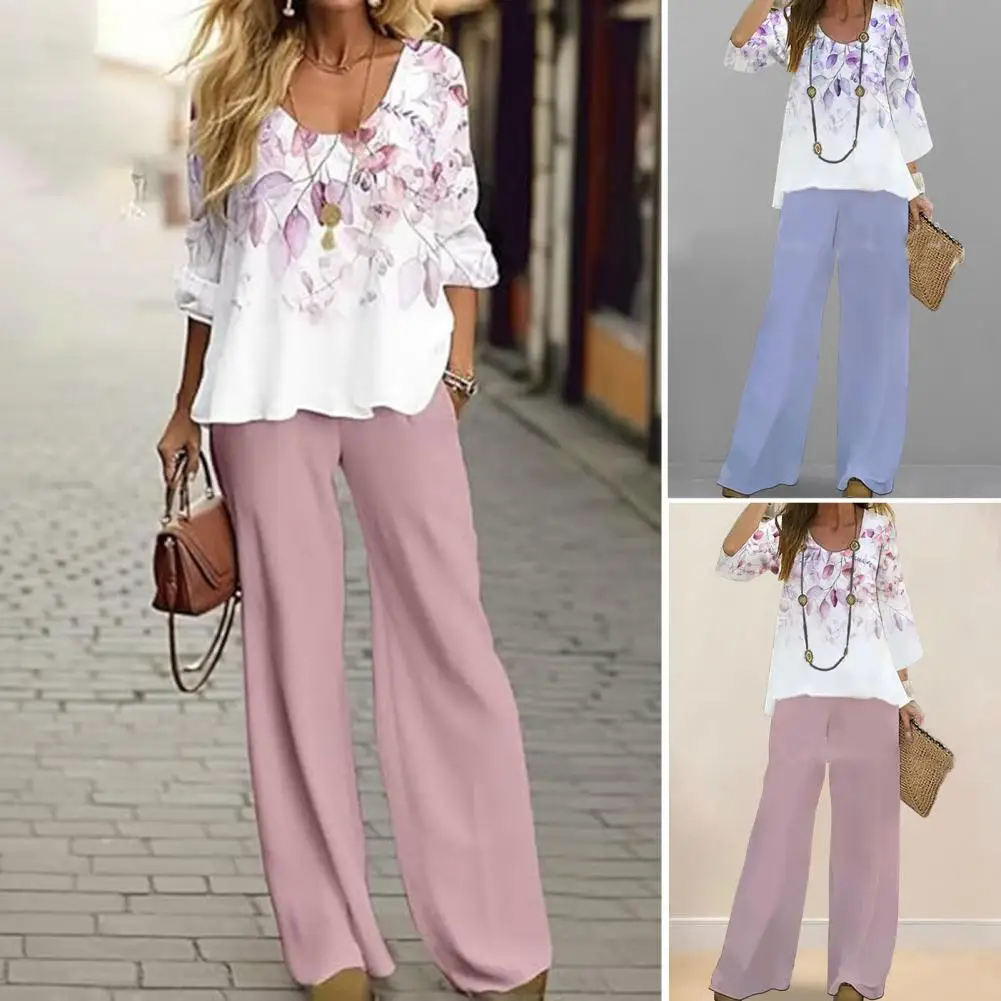 Light Elegant Women Outfit Boho Floral Print Two-piece Set for Women Stylish Wide Leg Pants Suit with Loose Top for Everyday