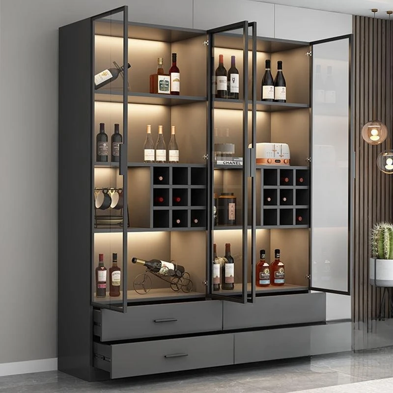 Drawer storage glass door gray wine cabinet light luxury living room wall integrated display cabinet display household figure