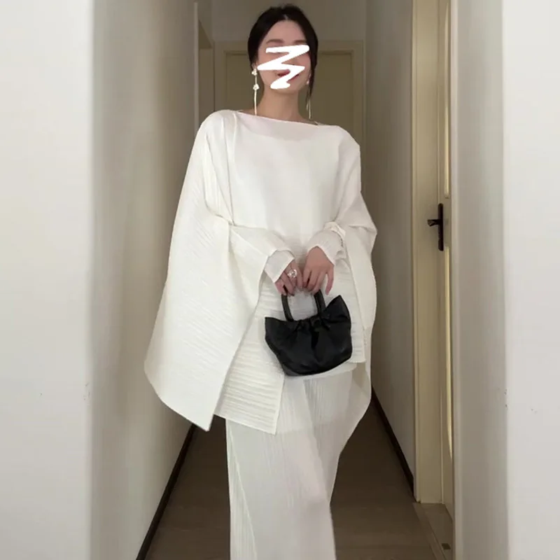 

ALSEY Miyake 2025 летний новый модный женский костюм, однотонное платье с длинными рукавами, свободная тонкая однотонная куртка, комплект из двух предметов
