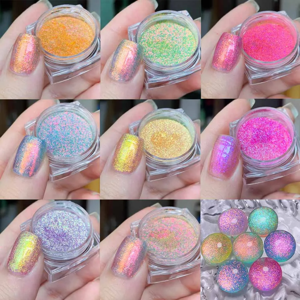 8 ジャー/セットネオンオーロラカメレオンネイルパウダーカラフルなホログラフィックレインボーグリッターネイルこするクロームダスト DIY クリスマス顔料