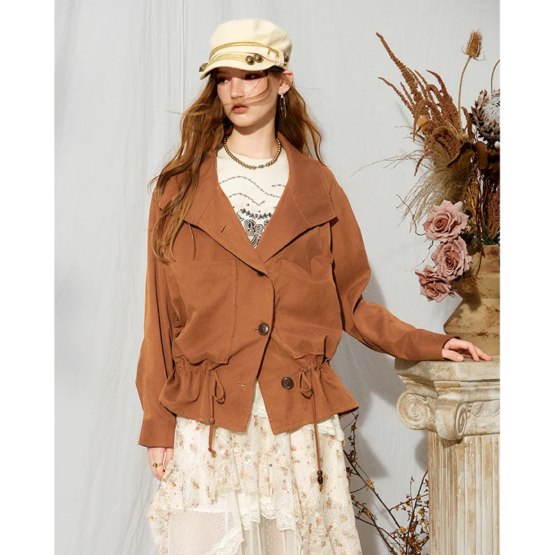 ELFSACK Women Vintage Casual Short Jacket with Drawstring Hem & Big Pockets for Daily Fall Wear