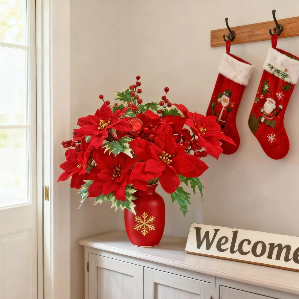 7 Heads Artificial Christmas Poinsettia Bouquet, Faux Red Poinsettia with Berries Ball Ornaments for Xmas Vase Wreath Decor view 6