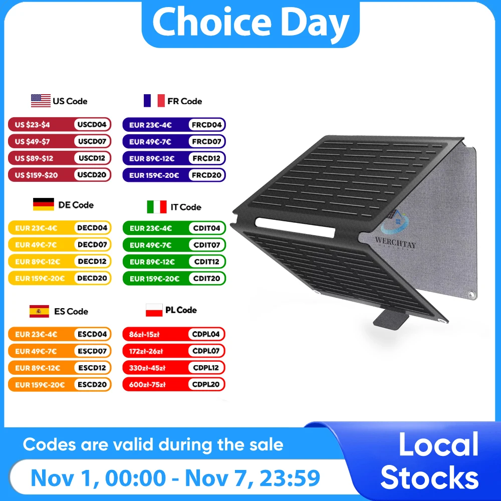 

WERCHTAY 20W Foldable Solar Panel Charger IP65 Waterproof Portable Solar Charger 3 Output Ports for Camping Hiking RV Outdoor