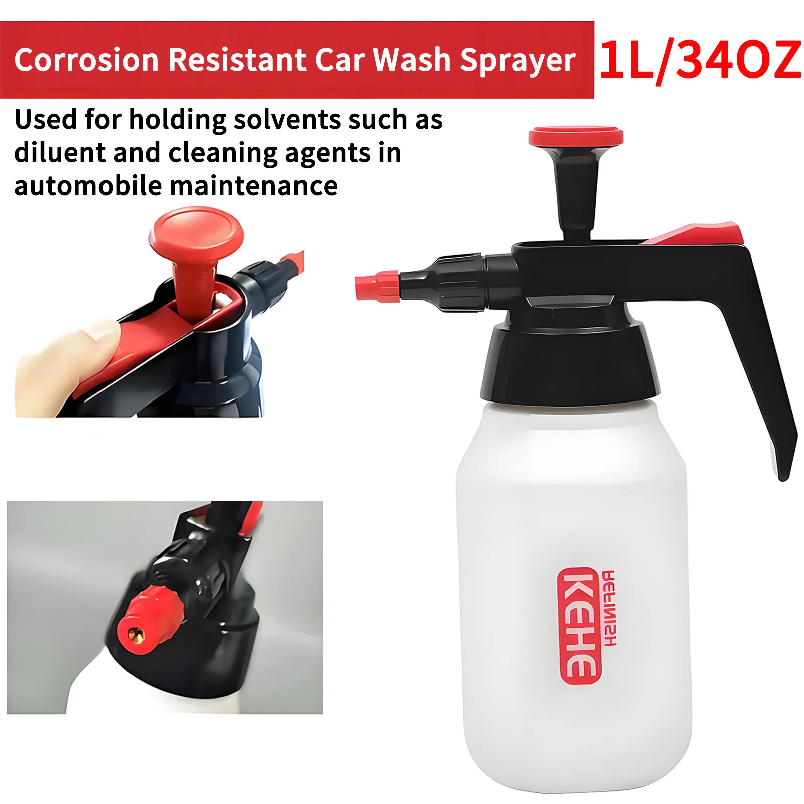 Corrosion Resistant Car Wash Sprayer 1L Handheld Spray Bottle for Solvents, Thinners & Cleaners Prevents Evaporation