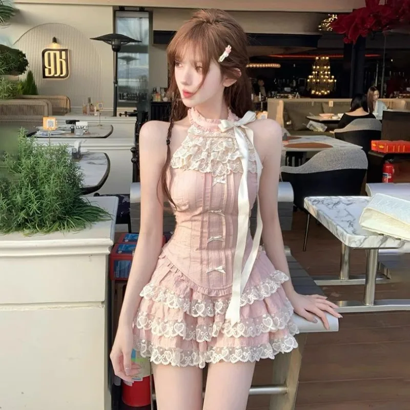 

Sexy Slim Fit Sleeveless Sweet Lace Ruffles Halter Vest for Women+ High Waist Ruched Skirts 2025 Summer New Two Piece Sets