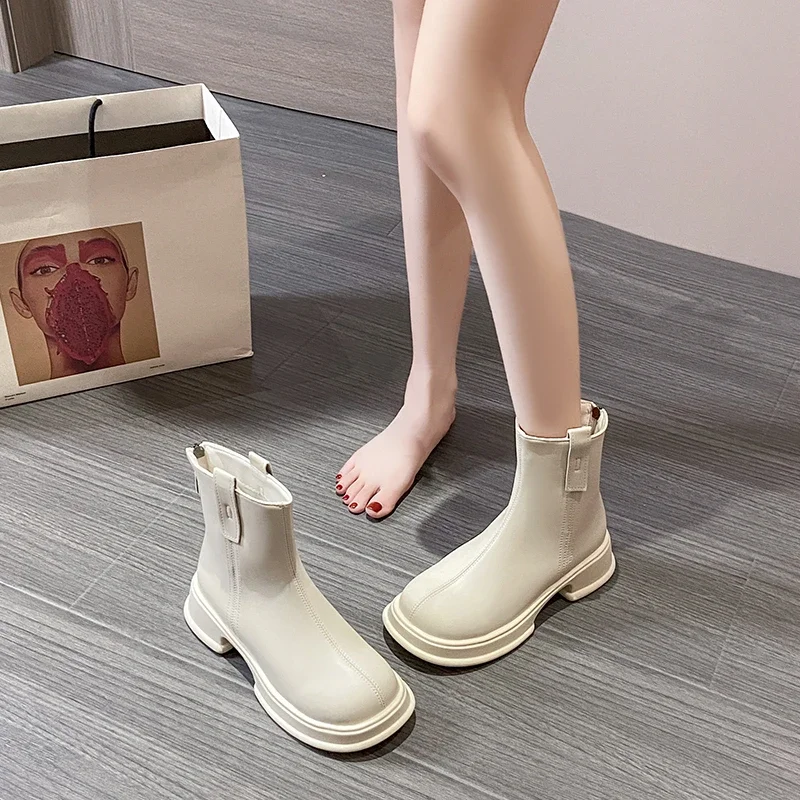 British Style Womens Ankle Boots Square Toe Elastic Soft Leather Rear Zipper Mid Heels Chelsea Boot Black Beige Casual Shoe