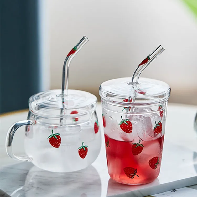 300ml Strawberry Cute Nordic Glass Cup With Straw Creative Transparent Water Cup Student Milk Heat Resistant Glass