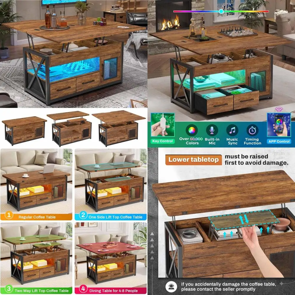 Salontafel in boerderijstijl met hefblad en opbergkast voor woonkamer, 4-in-1 functionele kleine salontafel met 2 lades