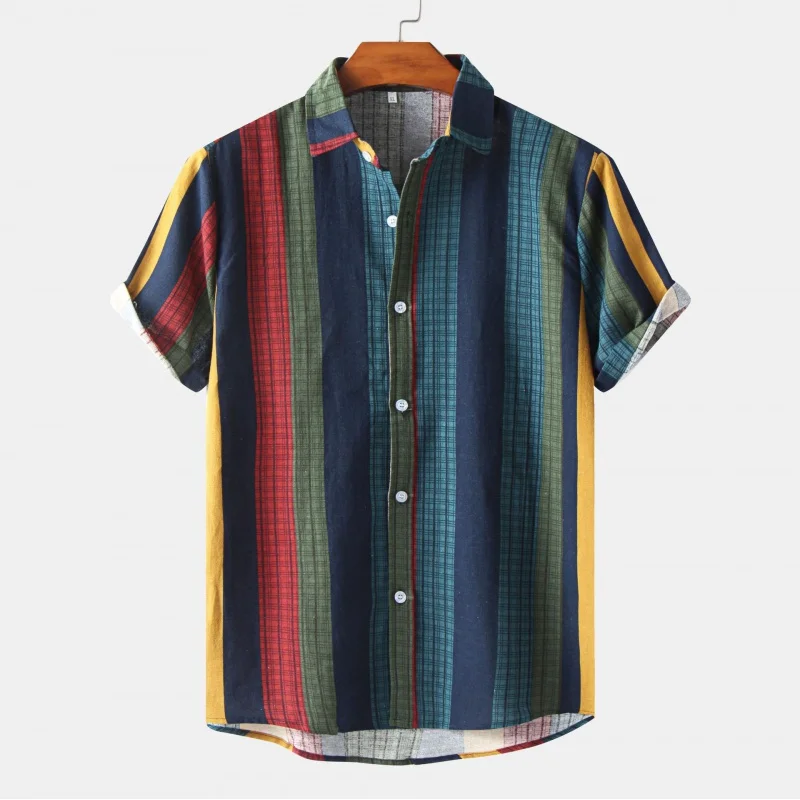 

SZYL-Men's Printed Short Sleeve Shirt, Striped, Loose Design, Summer, New