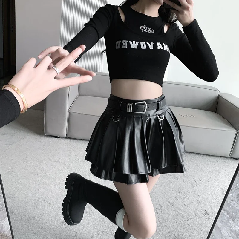 2024 Autumn Cool Silver PU Leather Mini Skirt Women Belt High Waist Pleated Skirts with Shorts Streetwear Y2K Jupe Femme