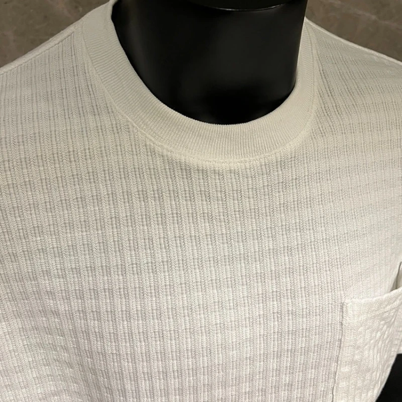 Men's 260g Ribbed Jacquard T-Shirt, Short Sleeve with Chest Pocket, Heavyweight Casual Top 35% Cotton, Breathable Sweat-wicking