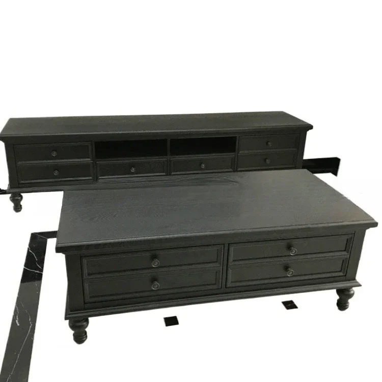 

American solid wood coffee table, TV cabinet combination living room oak engraving, coffee table audio-visual locker