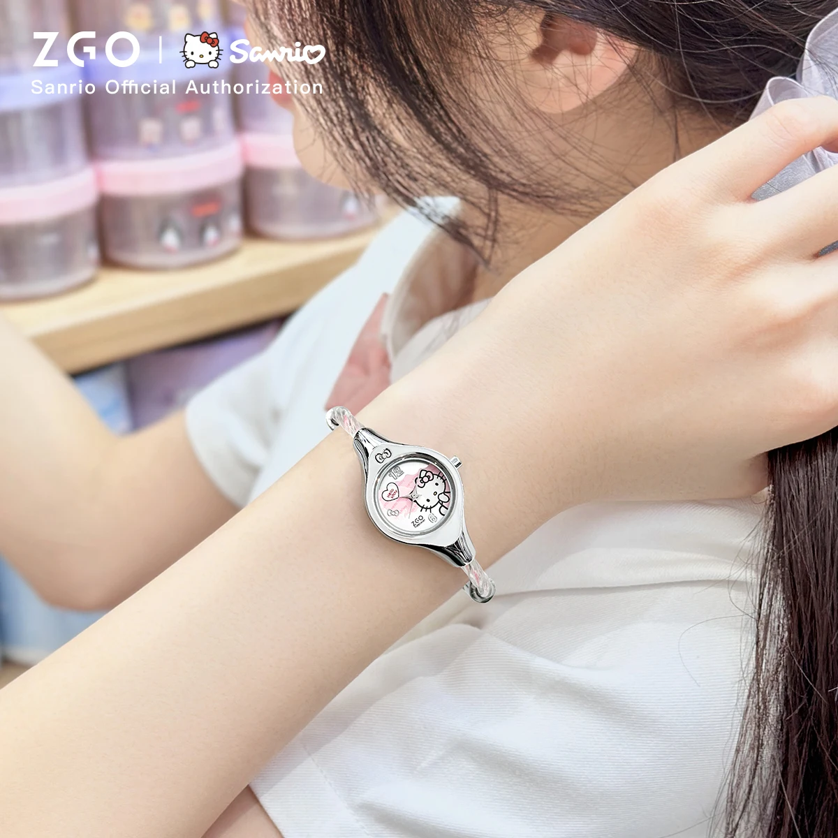 ZGO x Sanrio HelloKitty Women Watch Quartz Wristwatch Creative dial Retro Waterproof Silver Bracelet for Birthday Gift 2192