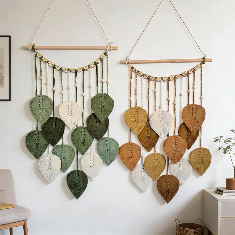Hand-Woven Leaf Wall Hanging Decoration Bohemian Style Cotton Rope Woven Homestay Tapestry 40X65Cm Bedroom Dorm Background