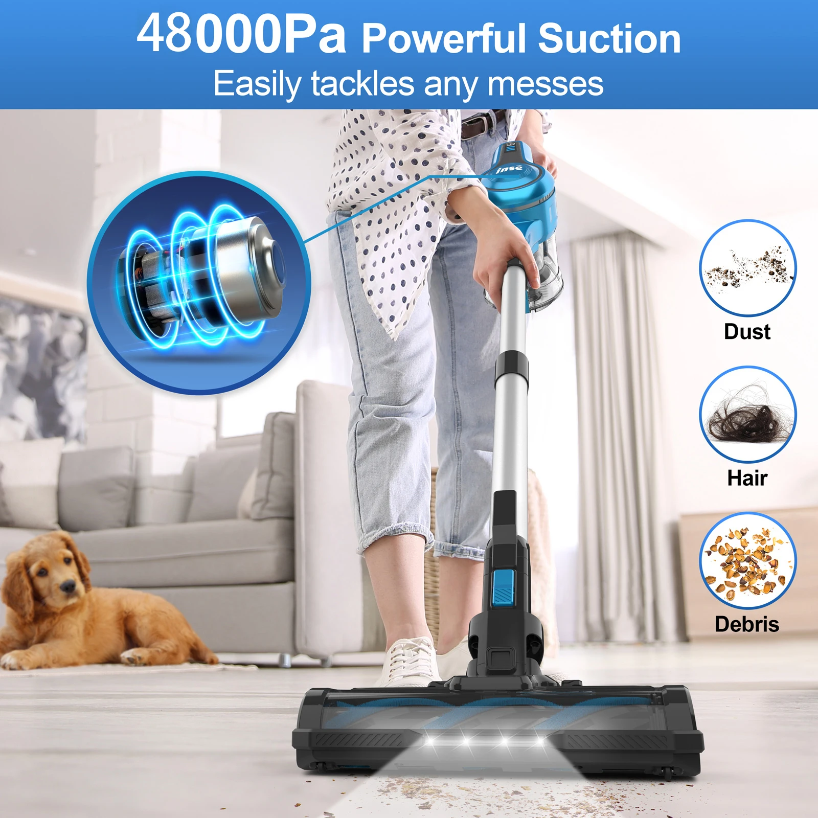INSE S62/63 Powerful Cordless Vacuum Cleaner, 48Kpa Stick Vacuum for Pet Hair Hardwood Floors Carpet, S63 Two Batteries