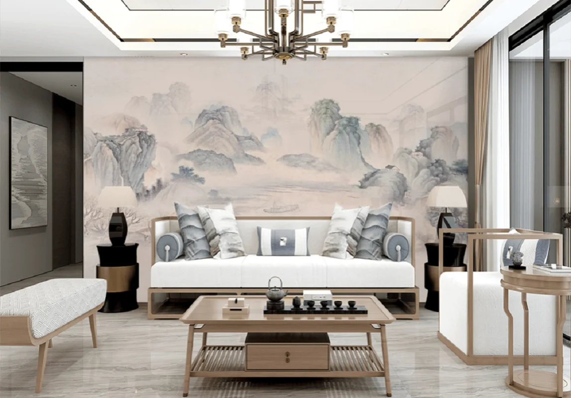 

Customized Mural Chinese Ink Landscape Background Wall Cloth Wallpaper
