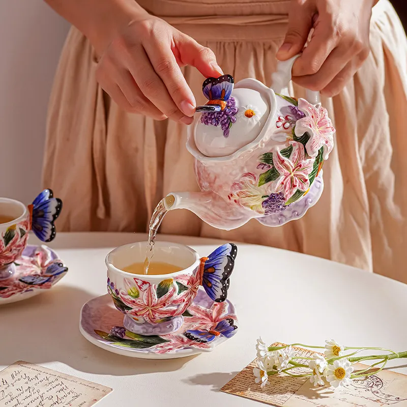 Ceramic Lily Flower Cup Plate Teapot Decoration Creative Home Courtyard Romantic Flower Tea Pot Home Afternoon Tea