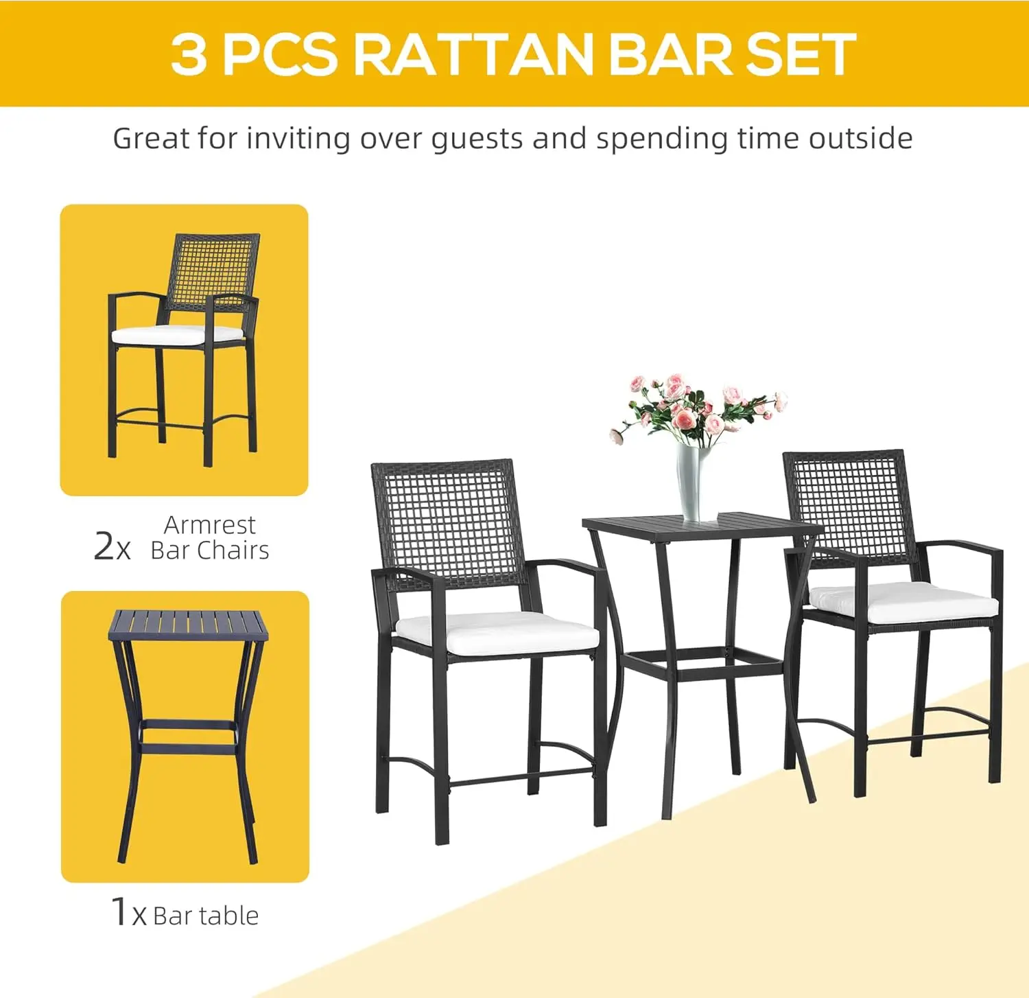 3 stücke Patio Bar mit weichem Kissen, Rattan Korb Gartenmöbel Set für Hinterhöfe, Rasen, Deck, Pool