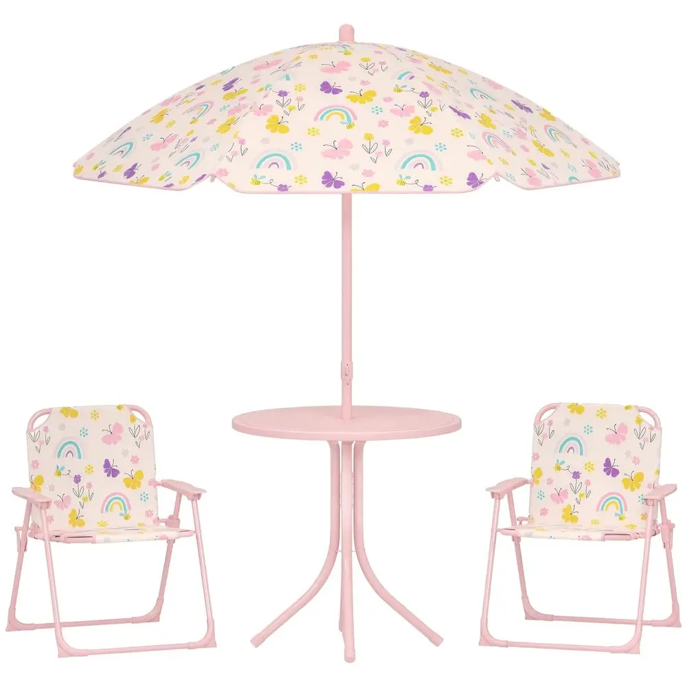 

Kids Picnic Table and Chair Set, Outdoor Activity Table with Foldable Chairs, Removable Umbrella, Rainbow Pattern Toddler Patio