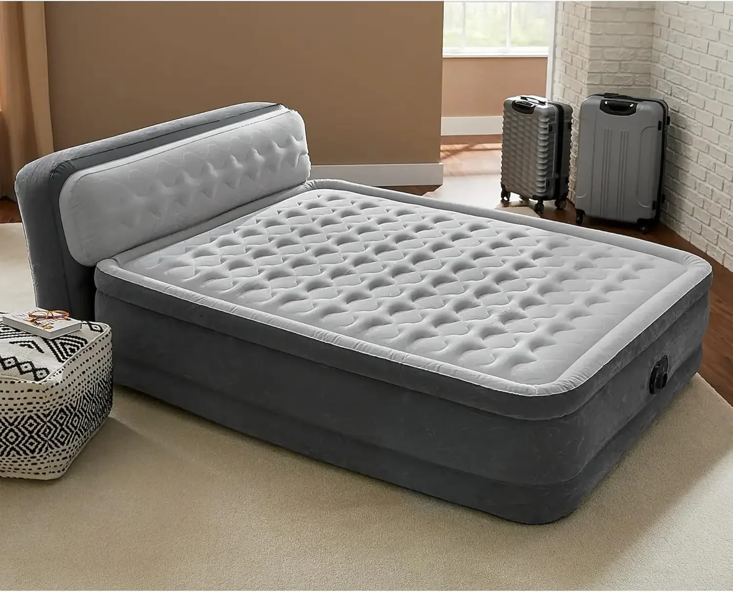 Ultra Plush Inflatable Pillow Top Bed Air Mattress with Headboard, Built-in Internal Electric Pump and Carry Sto