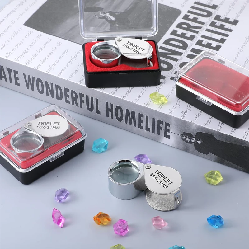 10X Pocket Loupe Magnifier Jewelry Magnifying Glass Foldable Diamond Lupa Triplet Jewelers Eye Metal Tools For Coins Gems Stamps