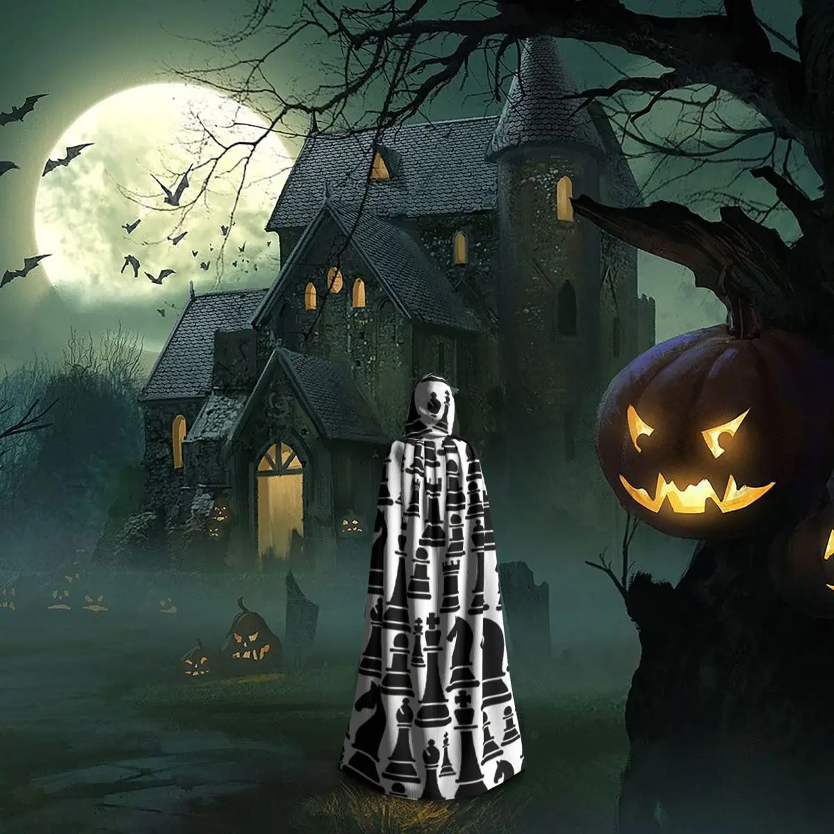 Padrão de xadrez em preto e branco longo com capuz capa bruxa traje medieval cosplay capa halloweencoat adulto unisex