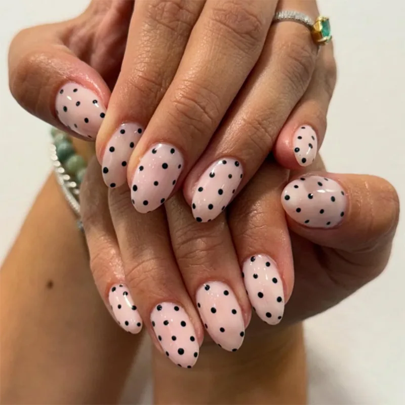 

24PCS Pink Short Round Press on False Nails with Glue Simple Black Polka Dots Patterns Almond Fake Nails for Women Wearable Nail