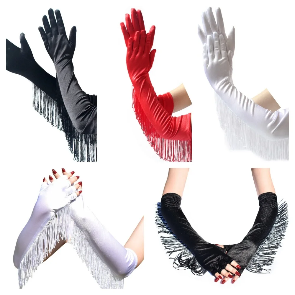 Guantes largos sencillos de ópera para mujer, guantes elásticos a la moda con flecos y borlas, manoplas musicales para baile en escenario, fiesta de actuación