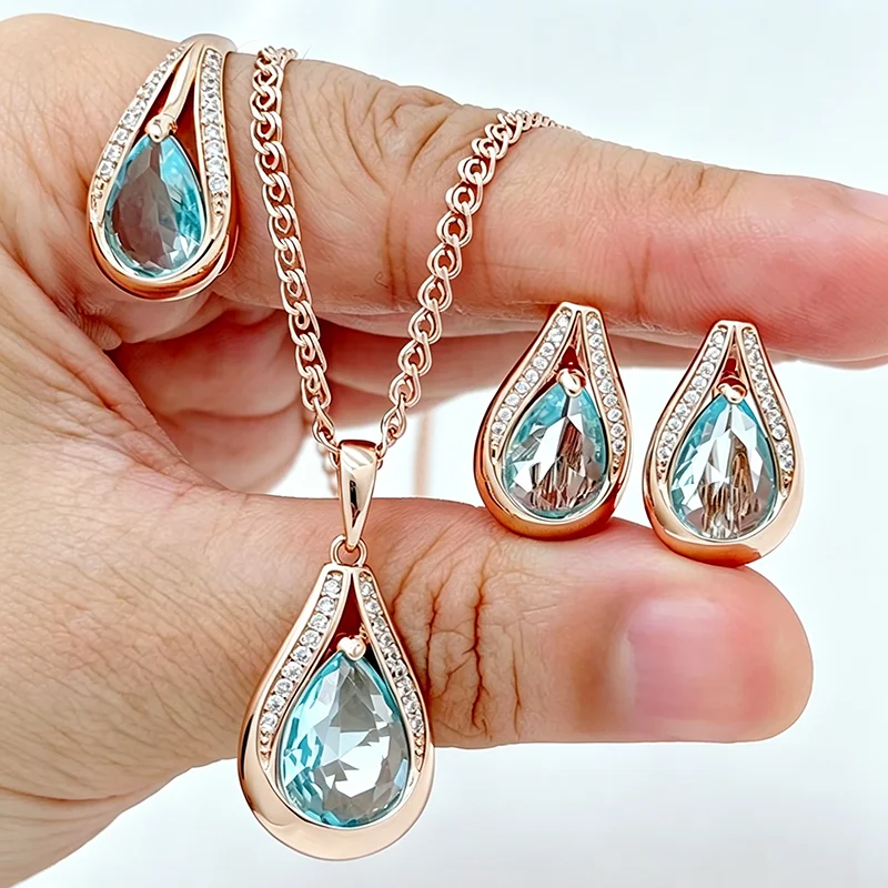 Kinel Fashion 585 Rose Gold Color Ring Earrings Necklace for Women Shiny Blue Water Drop Natural Zircon Daily Fine Jewelry Sets