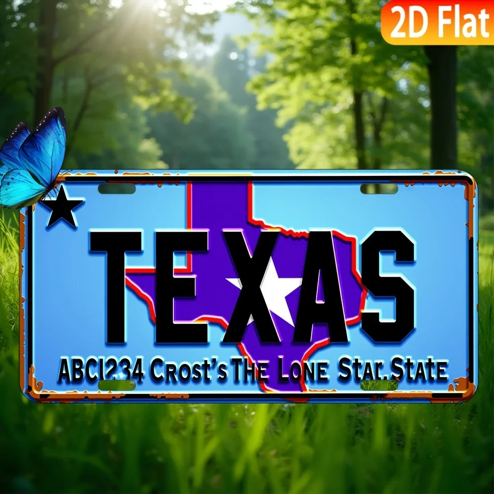 2D Flat - 1pc Vintage Texas Metal Sign - 2D Flat Aluminum Wall Decor with Star and 