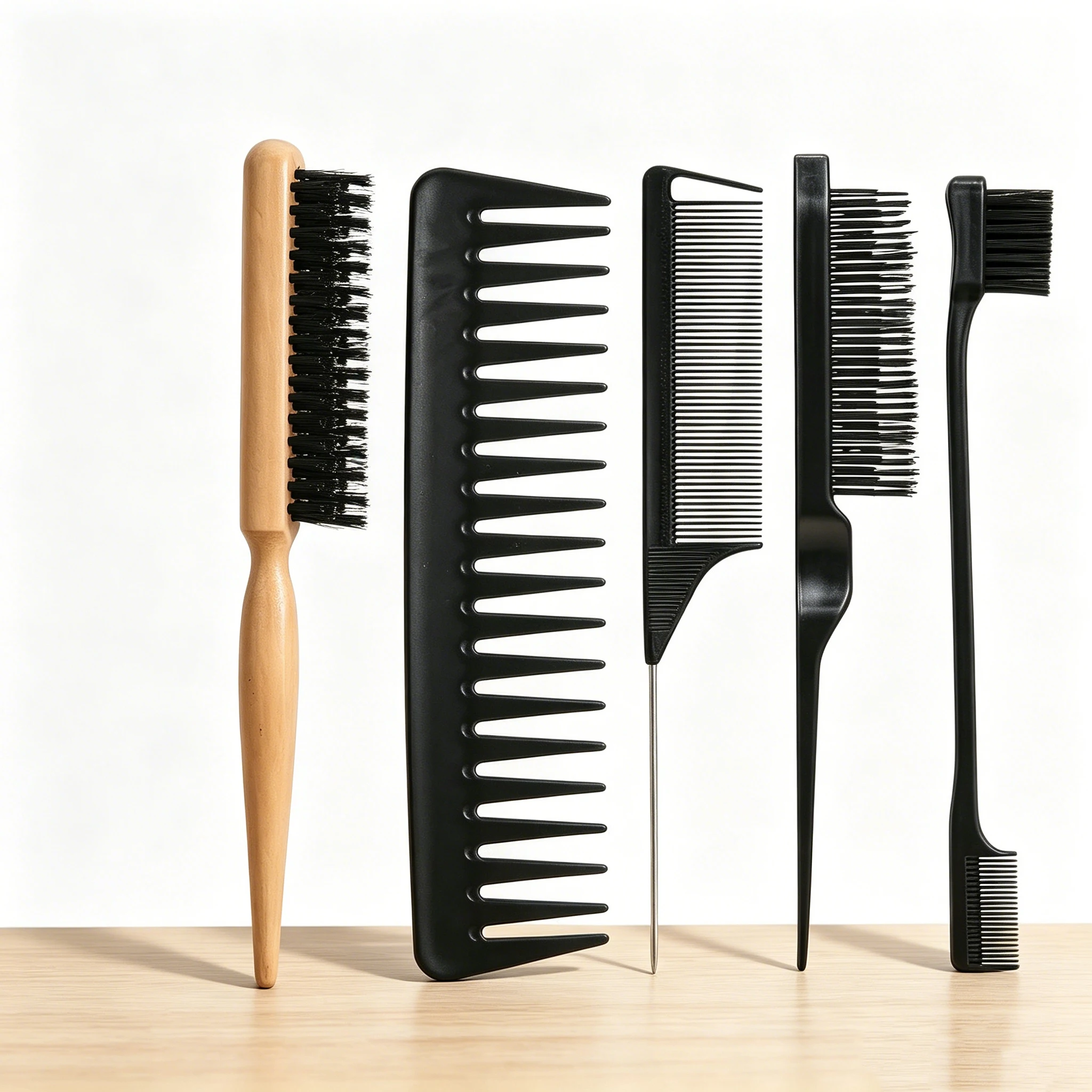 5 In 1 Hair Comb Kit Wooden Brush Wide Tooth Pick Rat Tail Comb Eyebrow Brush Hair Styling Tools for Salon Home Use