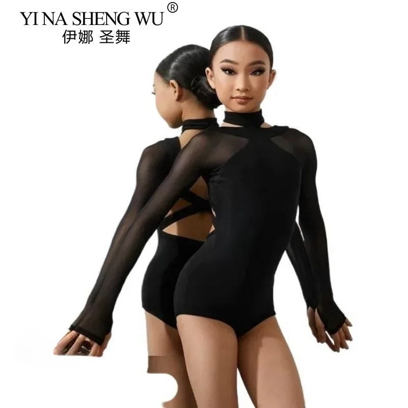 

Черный костюм для латинских танцев, комбинезон для девочек с длинными рукавами, латинский комбинезон высшего уровня для бальных танцев, детский комбинезон для ча-ча