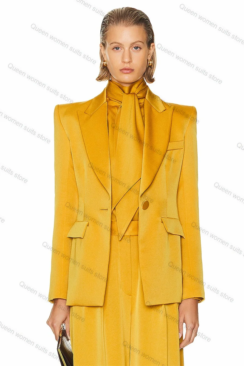 Yellow Formal Women Suit Set 2 Piece Blazer+Pants Satin Lapel Office Business Lady Jacket One Button Coat Customized Prom Outfit