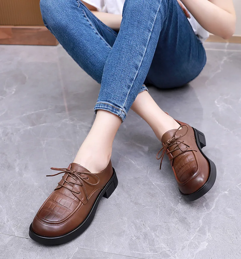 GKTINOO Women Lace-up Loafers Spring Autumn British Style Genuine Leather Thick Heels Platform Casual Shoes Handmade Retro