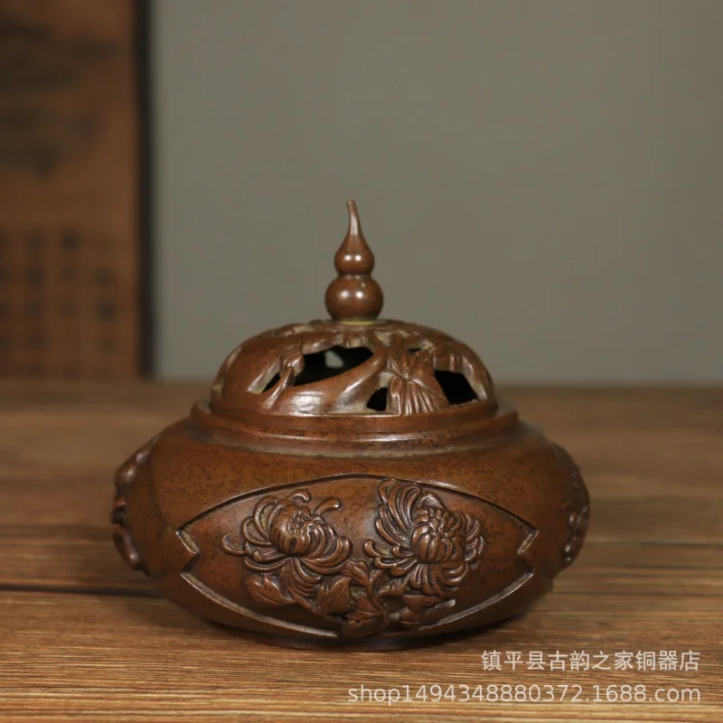 Burner Three-Legged Pure Copper Carved Golden Lotus Flat Bottom Home Indoor Sandalwood Zen Incense Coil Tea Cerem