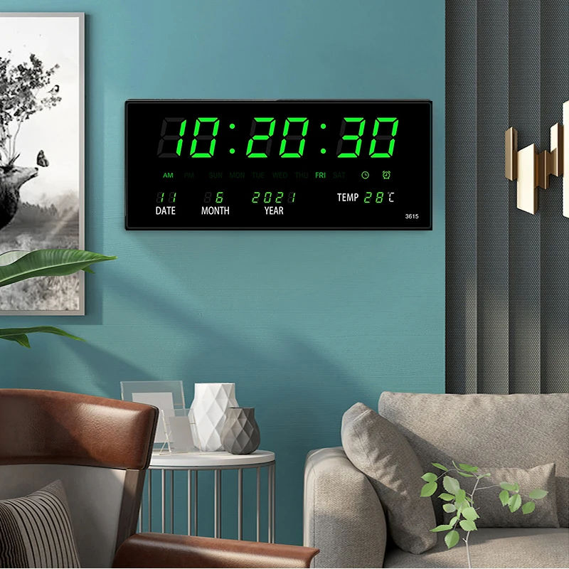 Luminous Digital Wall Clock Alarm Hourly Chiming Temperature Date Calendar Table Clock Electronic LED Clock Decoration with Plug