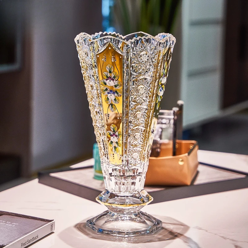 

Original imported crystal glass vase, hand-carved car engraved flower painted gold enamel vase