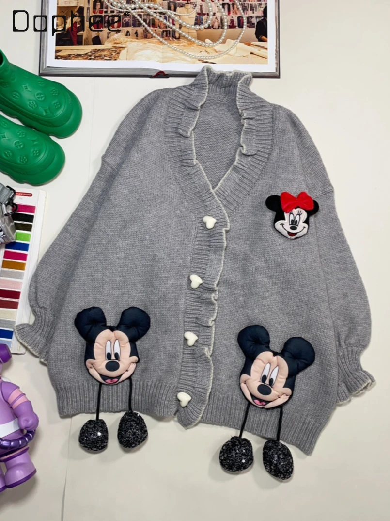 

Loose 3d Cartoon Knitted Cardigan Women 2024 New Korean Style Sweet Pleated V-neck Single-breasted Long-sleeved Sweater Jacket
