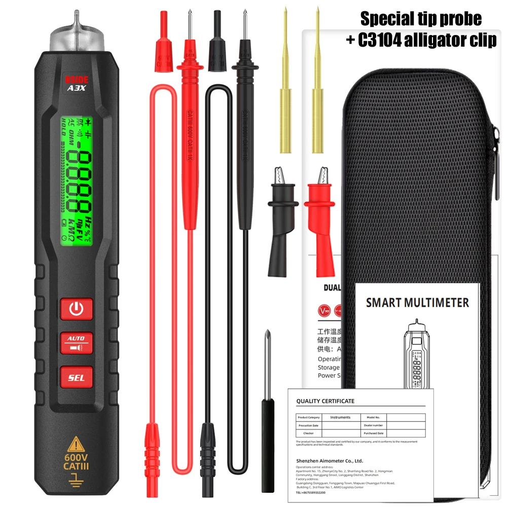 

BSIDE True RMS Smart Digital Multimeter 4000 Counts DC AC Voltage Capacitance Ohm Hz Diode NCV Live/zero Line Judgment Test Pen