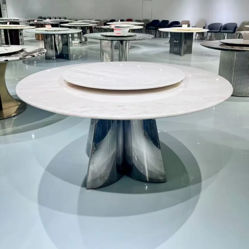 Modern minimalist stainless steel powder natural luxury stone round dining table Italian natural marble round dining table